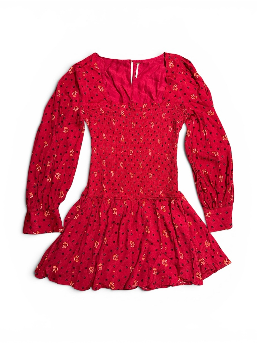 Free People “Two Faces” Ruby Red Floral Smocked Boho Long-Sleeve Dress